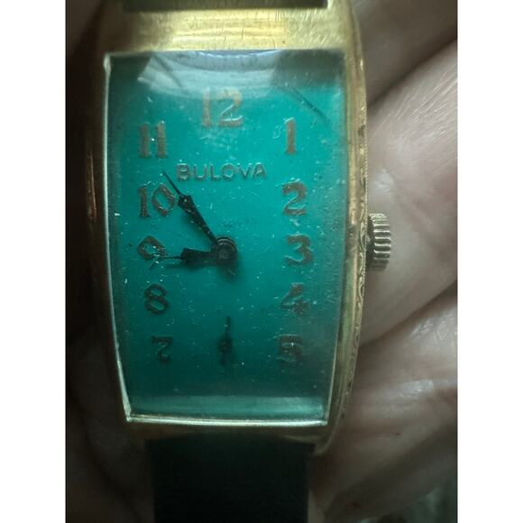 UNIQUE VINTAGE 1930\'s BULOVA TANK WATCH TEAL GREEN BLUE FACE MANUAL WIND WORKS! main image 4